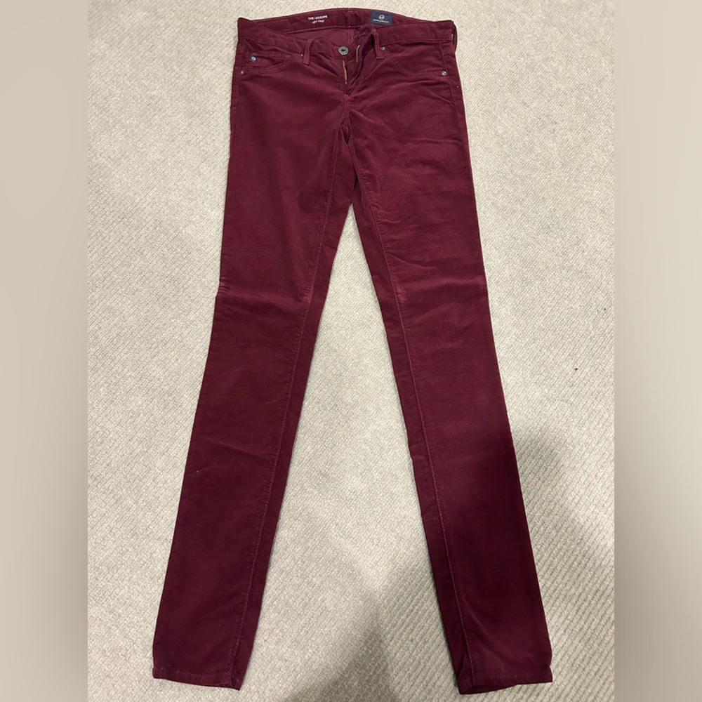 AG burgandy thin corduroy, skinny jeans, size 25